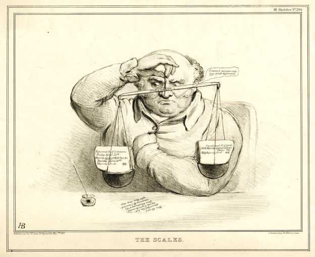 Ein Mann in Anzug sitzt an einem Tisch mit einer Waage der Gerechtigkeit vor ihm, die er mit Text und Zahlen markiert hat, und zeigt einen entschlossenen Ausdruck.