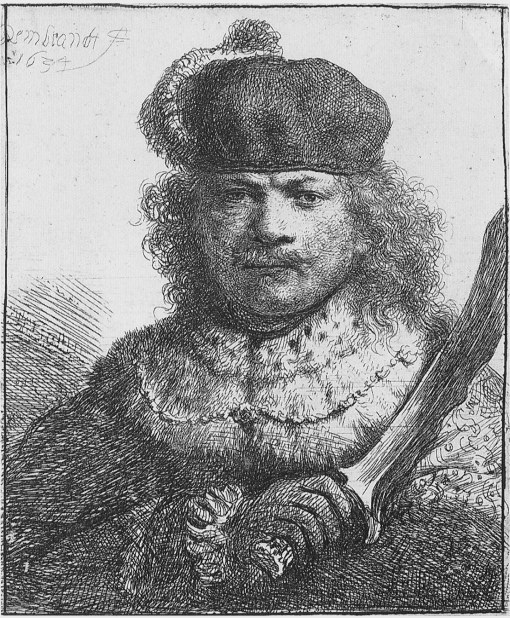 Black and white drawing of a man with long hair wearing a hat, holding a sword, signed "Rembrandt Harmensz van Rijn" at the bottom.