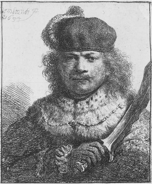 Black and white drawing of a man with long hair wearing a hat, holding a sword, signed "Rembrandt Harmensz van Rijn" at the bottom.