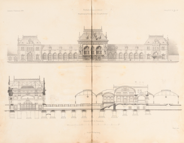 Ein detailliertes architektonisches Zeichnung eines prächtigen Palastes mit zahlreichen Fenstern, Bögen und Säulen.