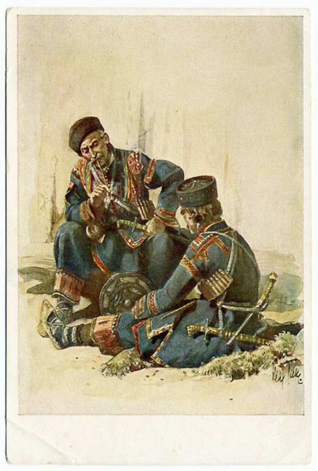 Zwei Männer in Militäruniformen sitzen auf dem Boden, einer spielt ein Musikinstrument, während der andere ein Objekt hält, mit dem Text "Kasachstan" unten.