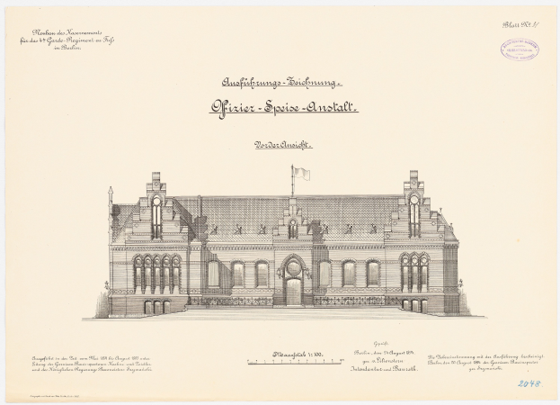 Eine Zeichnung des Hauptsaals des Deutschen Bundestages in Berlin mit einer Fahne darauf, begleitet von Text auf dem Papier.