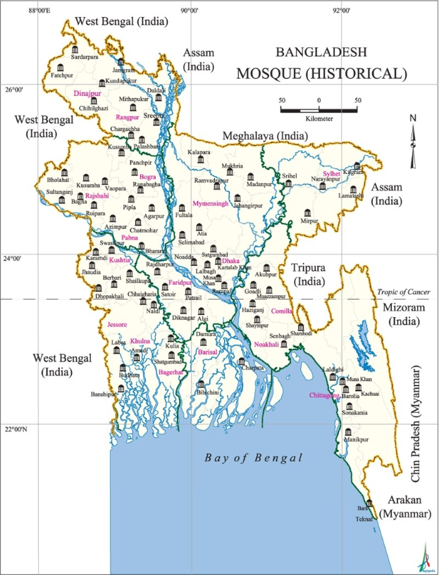Ein detaillierter Stadtplan von Bangladesch auf einem Plakat, der Städte, Flüsse und andere geographische Merkmale hervorhebt, mit begleitendem Text über die Bevölkerung, Religion und Kultur des Landes.