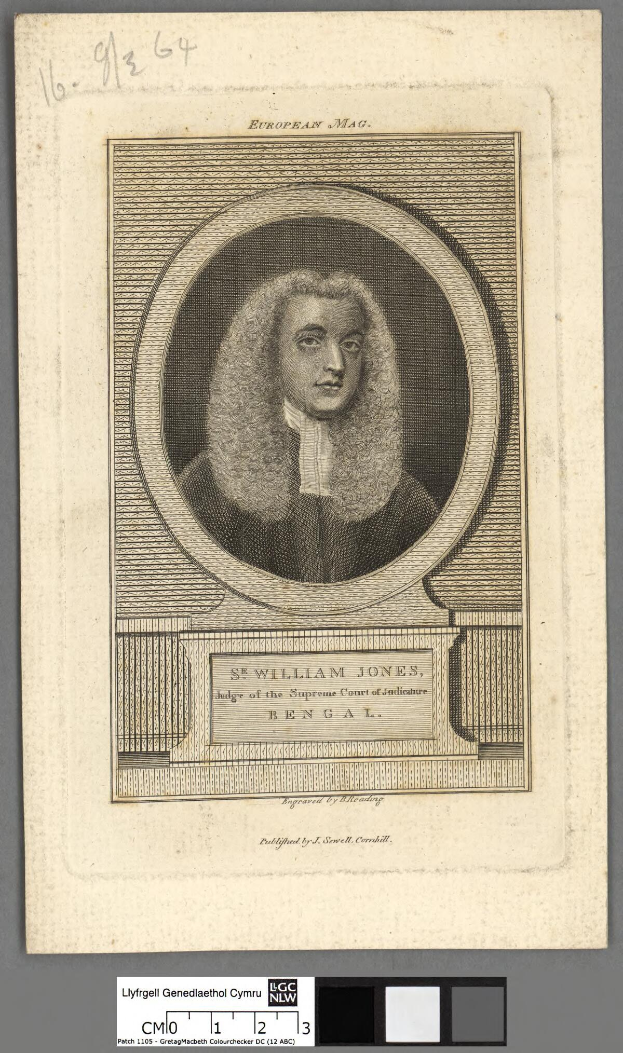 Portrait eines Sir William Jones in einer schwarzen richterlichen Robe mit einem ernsten Gesichtsausdruck, der ein Papier mit der Inschrift 'Sir William Jones' hält.