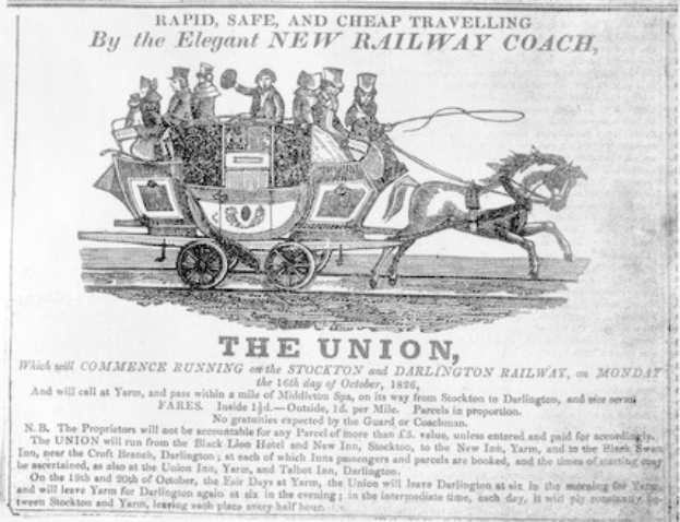 Zeitungswerbung in Schwarz und Weiß für die Union, die eine Kutsche mit einer Gruppe von Menschen zeigt.