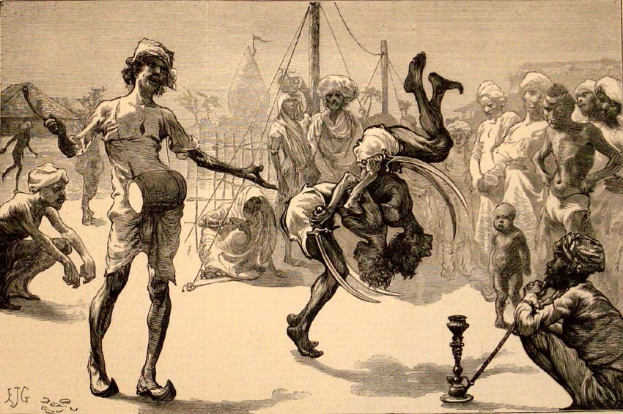 Schwarze und weiße Zeichnung eines verzweifelten Mannes mit einer Sense, umgeben von einer Gruppe von Menschen, mit Pfählen und Seilen im Hintergrund und Text, der unten 'Der Tod des Schmiedes' lautet.