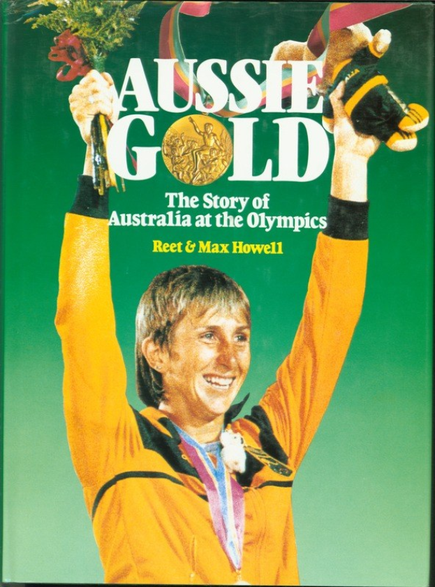 Buchumschlag mit der Aufschrift "Aussie Gold: Die Geschichte Australiens bei den Olympischen Spielen" mit einem Athleten in Goldmedaille und Blumenstrauß.