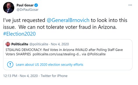 Ein Screenshot des Twitter-Profils von Paul Gosar mit seinem Foto und dem Text "Wir können Wahlbetrug in Arizona nicht dulden."