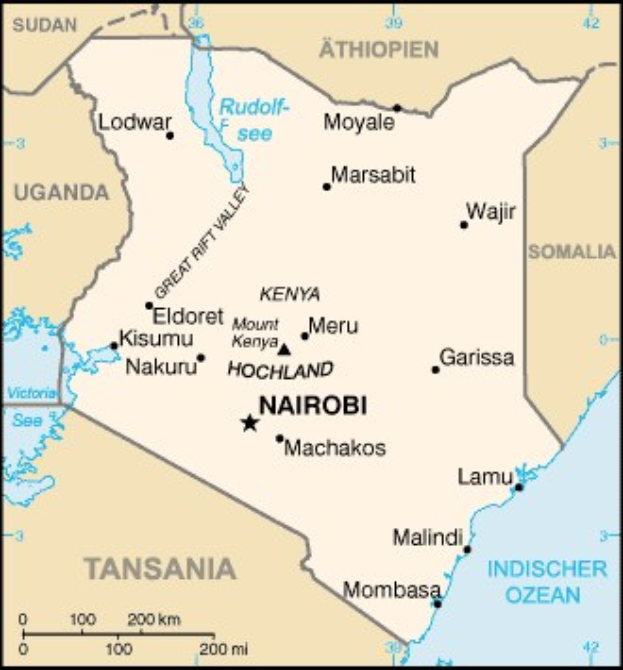 Politische Karte von Nairobi, Kenia, mit Städten, Dörfern und geographischen Merkmalen mit Text und Grenzen.