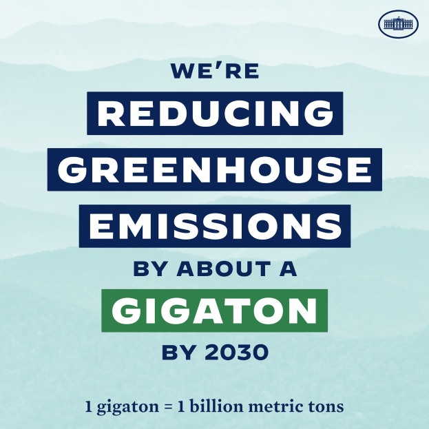 Plakat mit Text und Logo, das "Wir reduzieren die Treibhausemissionen um etwa eine Gigatonne bis 2030" besagt und für die Reduzierung von Treibhausgasen bis 2030 wirbt.