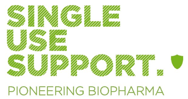 Weißer Hintergrund mit fettem grünem Text, der "single use support pioneering biopharma" lautet.