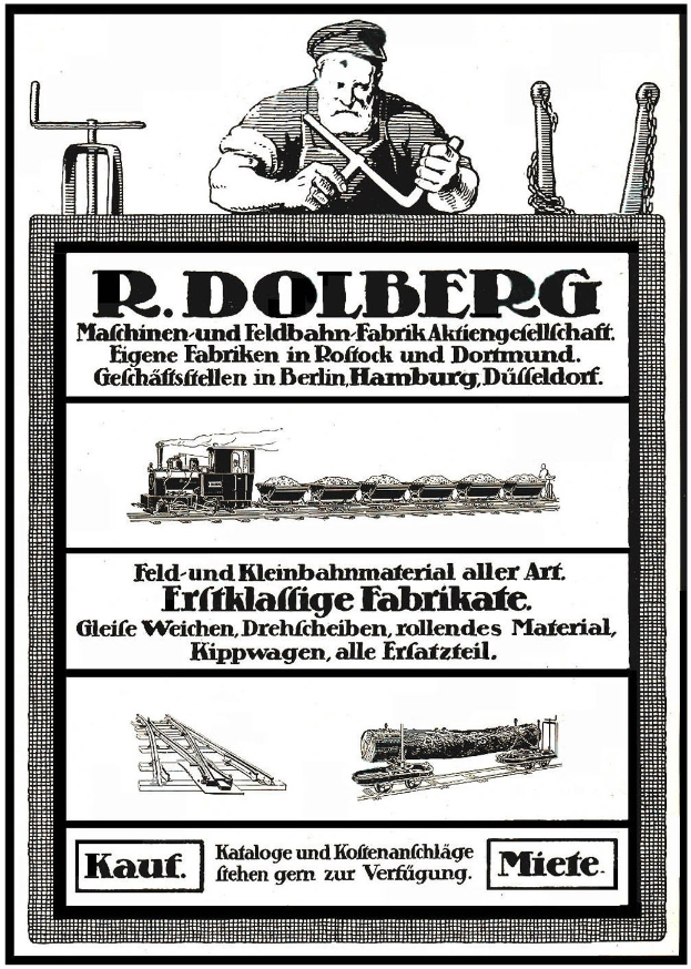 Anzeigetafel für R.D. Dolbergs Fabrik in Hamburg, Deutschland, mit Text und Abbildungen einer Person, eines Zugs und weiterer Gegenstände.