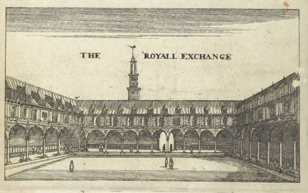 Eine Zeichnung des Royal Exchange in London, England, mit einem zentralen Gebäude, umgeben von Menschen, und Text auf einem Papier oben.