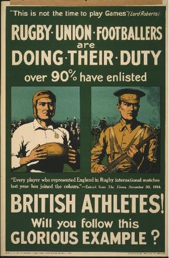 Plakat mit zwei Rugbyspielern in Uniform mit Text über britische Athleten, die sich melden und ihre Pflichten.