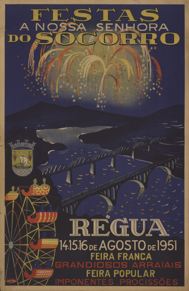Buntes Festivalplakat in Brasilien mit Brücke über Wasser, grünen Hügeln und Feuerwerk, mit Text.