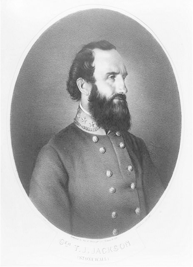 Schwarzes und weißes Porträt von Konföderiertengeneral T.J. Jackson in Militäruniform mit Bart und Text unten.