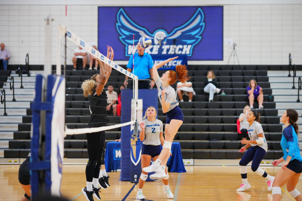 Frauen beim Volleyballspielen mit Netz, Zuschauern auf Treppe und einem Banner mit einem Adler-Logo im Hintergrund.