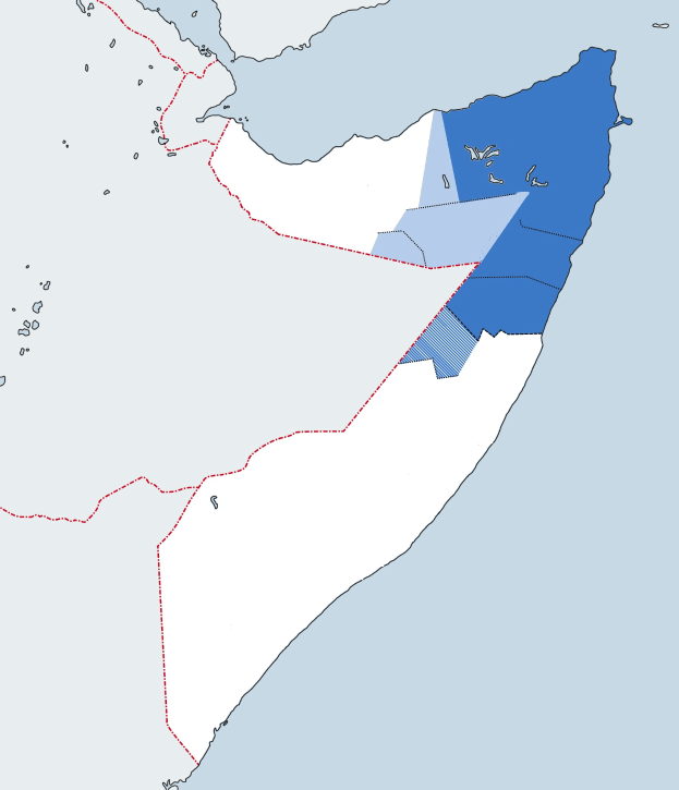 Karte der Vereinigten Arabischen Emirate mit den Provinzen Kuwaits in Blau und Weiß hervorgehoben und der Golf von Oman gezeigt.