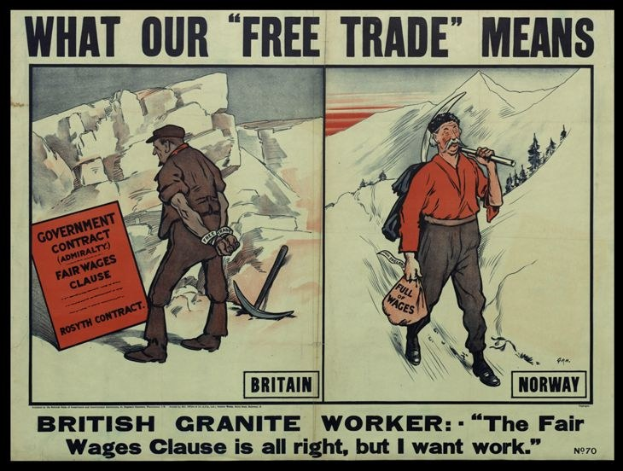 Plakat mit einem britischen Granitarbeiter vor einer Bergkulisse, mit Text zu seiner Unterstützung für faire Löhne, aber Bedarf an Arbeit.