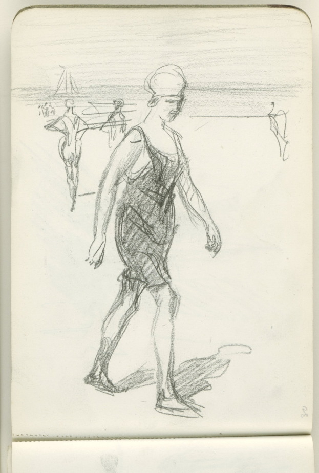 Eine Skizze einer Frau in einem langärmeligen Kleid mit einem hohen Kragen und einem Dutt, die bei Sonnenuntergang am Strand spazieren geht, mit einem warmen orangen Glühen.