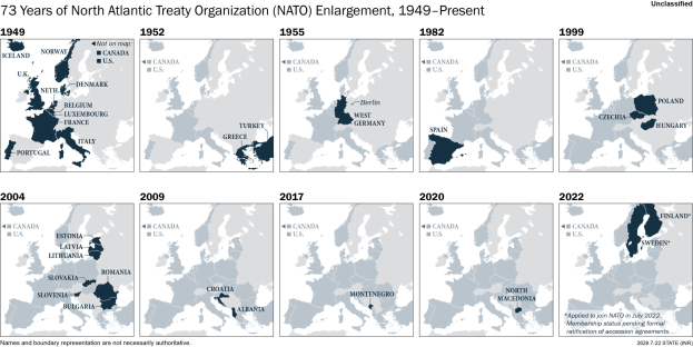 Zeitliche Karte, die die Erweiterung der NATO von 1949 bis heute zeigt, wobei die Regionen farblich nach dem Jahr der Mitgliedschaft codiert sind.