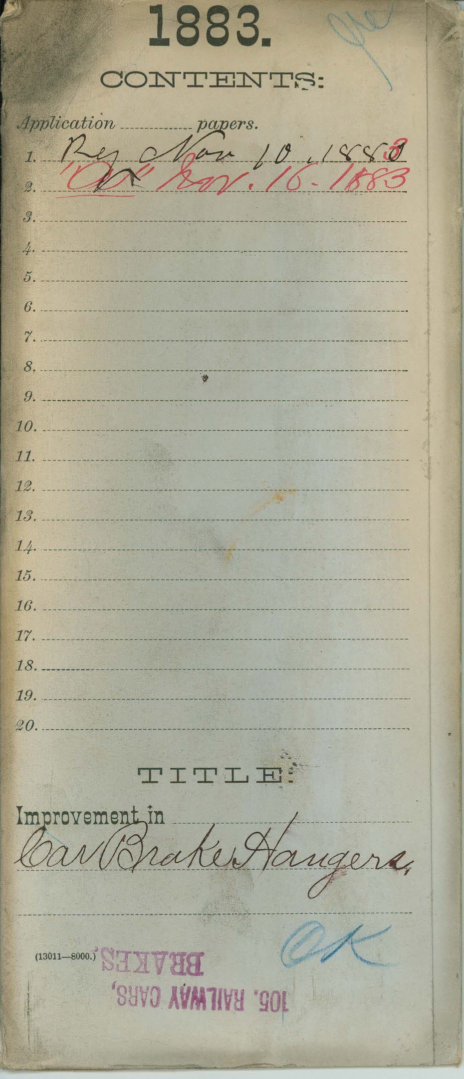 Offenes Buch mit einer Liste von Verbesserungen für Bremser's Eisenbahnwagen aus dem Jahr 1883.