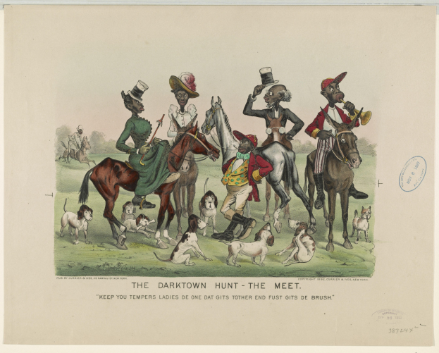 Eine Gruppe von Menschen, die auf Pferden und Hunden in einem Park mit Bäumen im Hintergrund reiten, mit der Beschriftung "The Darktown Hunt - The Meet" unten.