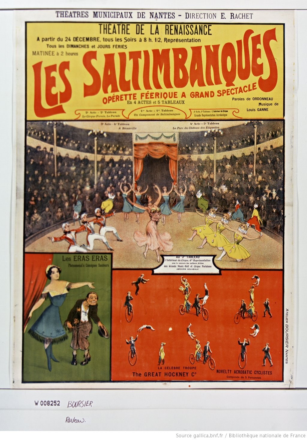 Colorful poster for the musical "Les Saltimbanques" at the Theatre de la Renaissance, featuring a circus-themed illustration and cast details.
