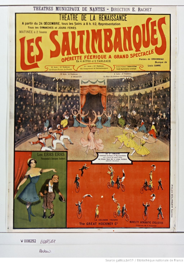 Colorful poster for the musical "Les Saltimbanques" at the Theatre de la Renaissance, featuring a circus-themed illustration and cast details.