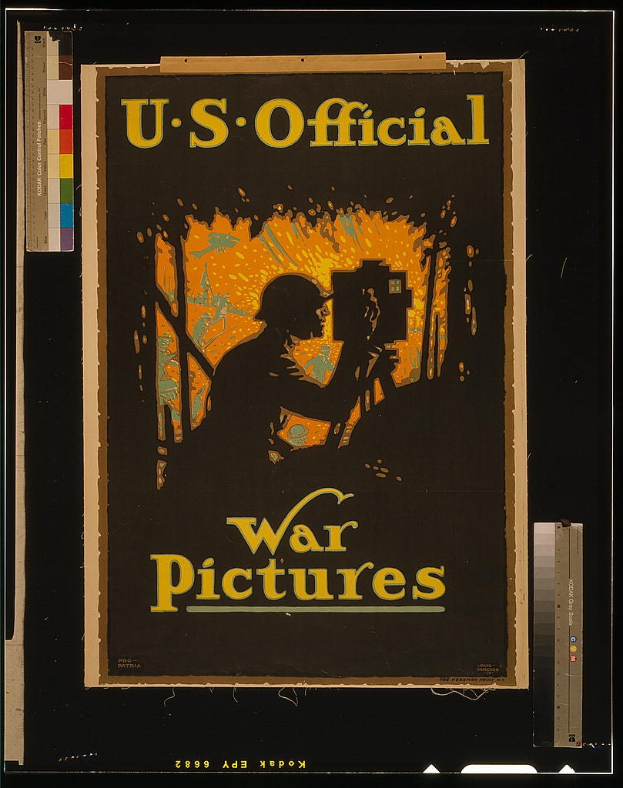 Schwarzes Plakat mit "U.S. Official War Pictures" in fetter weißer Schrift, mittig auf schwarzem Hintergrund mit schwarzem Rand.