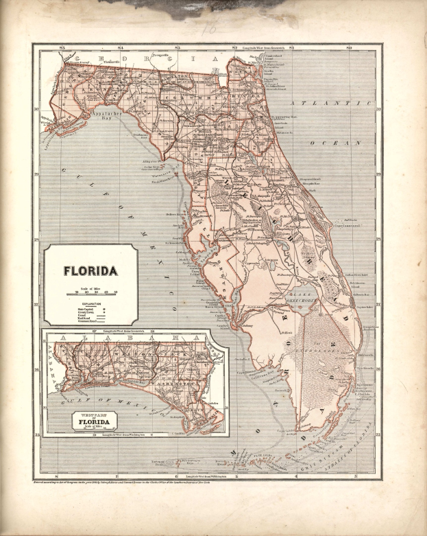 Alte gerahmte Karte von Florida mit Text, in einem klassischen Photo-Rahmen angezeigt.