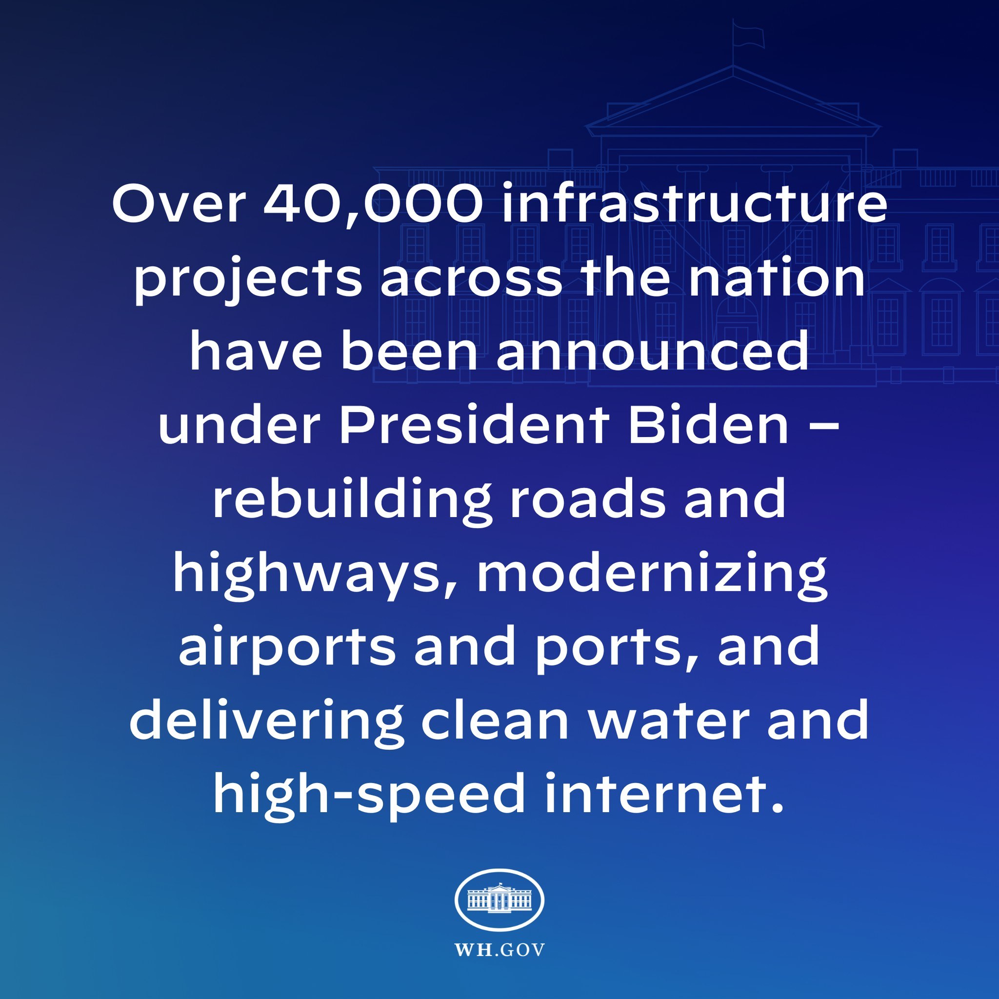 Blue background with white text stating "over 40,000 infrastructure projects across the nation have been announced under President Biden" and a logo at the bottom.
