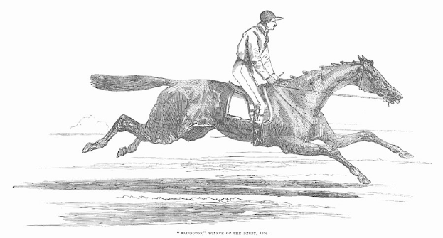 Schwarzer und weißer Zeichnung eines Jockeys in einem langen Mantel und Hut, der auf einem galoppierenden Pferd mit wehender Mähne und Schweif reitet, beschriftet mit "Sieger des Derby 1886."