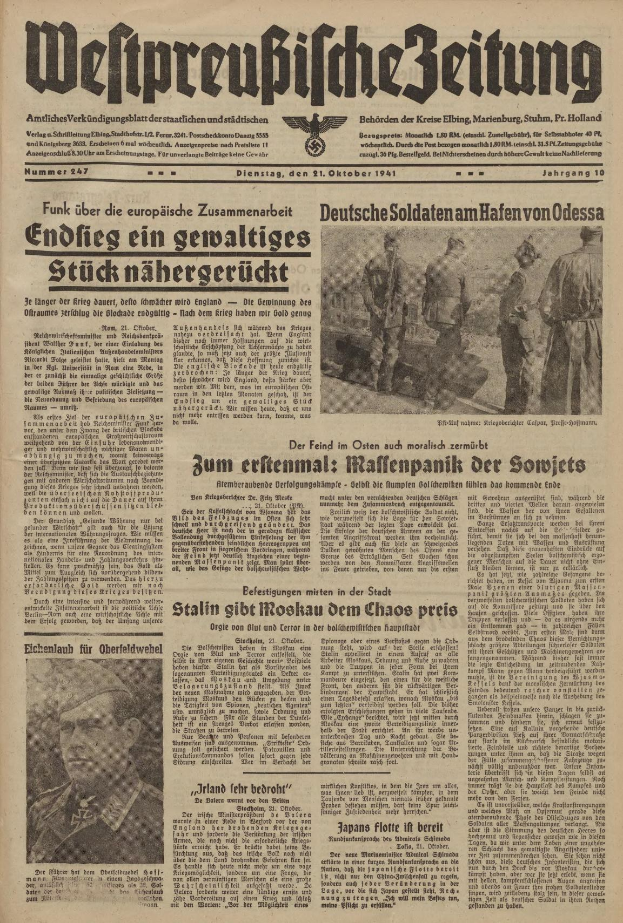 Front page of a German newspaper dated October 31, 1941, featuring a man in a black military uniform with a white shirt and black hat, looking directly at the camera with a serious expression.