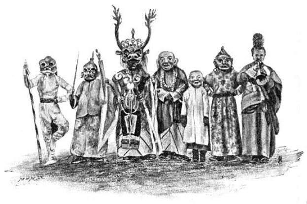 Schwarzes und weißes Foto einer Gruppe von Menschen in 19. Jahrhundert mongolischen Kostümen, die Gegenstände halten, mit Text "Mongolische Kultur im 19. Jahrhundert" unten.