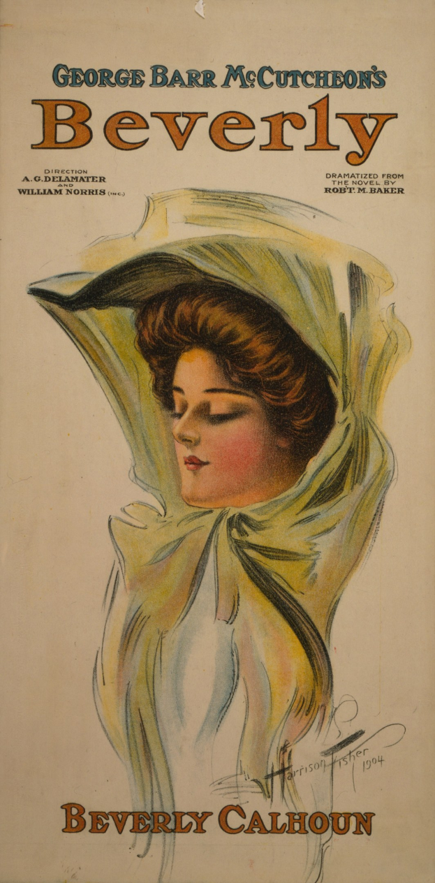 A poster of a woman with a human face, titled "Beverly by ARTIST McCutcheon," featuring a gentle expression, a neat bun, a white dress, a patterned shawl, and closed eyes conveying peace.