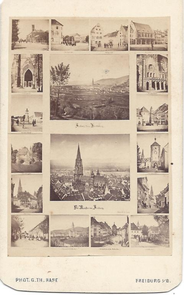 Schwarzes und weißes Foto von Freiburg, Deutschland, mit Gebäuden, Bäumen und Menschen und dem Text "Freiburg, Deutschland" am unteren Rand.