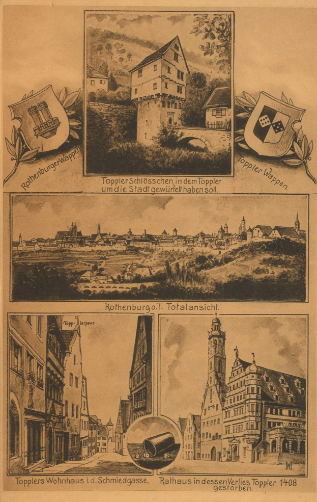 An old book with a hand-drawn cityscape illustration including buildings, trees, and other objects, with the text "Toppler Wohnhaus i d Schmiedgasse" at the bottom.