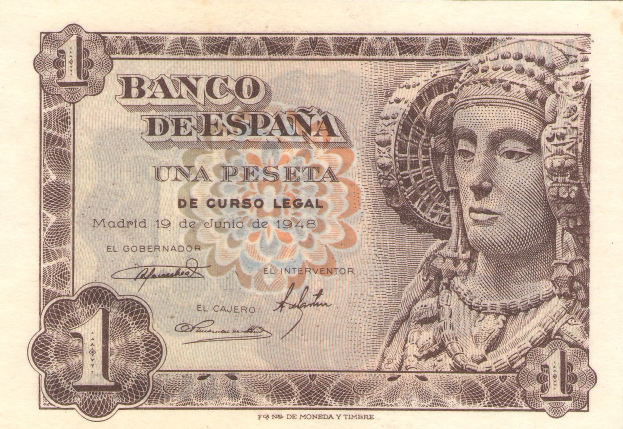 Alte spanische Banknote mit einer Frau in traditioneller Kleidung mit einem Dutt, die zur Seite schaut und ein sanftes Lächeln hat, mit der Aufschrift "Banco de España".