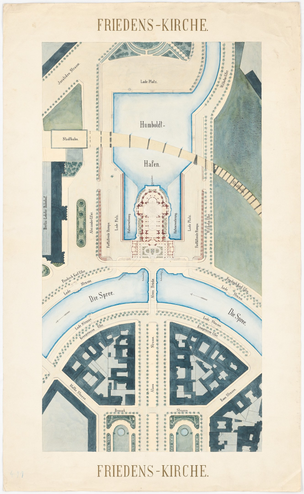 Detailed map of Friedrichs-Kirche, Germany, displaying streets, buildings, and landmarks with text at the top and bottom of the paper.
