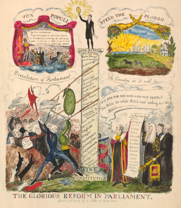 Bunte Papierillustration zur Parlamentsreform mit mutiger Schrift, verschiedenen lächelnden Menschen und detaillierten Elementen, die Hoffnung und Fortschritt vermitteln.