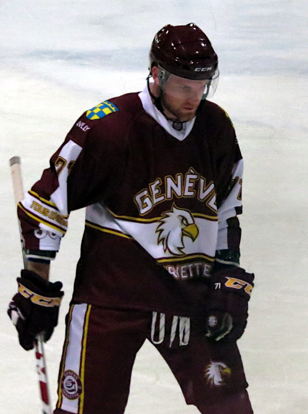 Ein Eishockeyspieler in Helm und Handschuhen hält einen Eishockeyschläger auf einem Eisstadion.