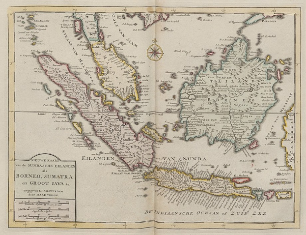 Ein altes Buch mit einer detaillierten Karte von Indonesien, das seine Regionen und Länder zeigt und von Text begleitet wird, der zusätzliche Informationen wie Namen und Hauptstädte enthält.
