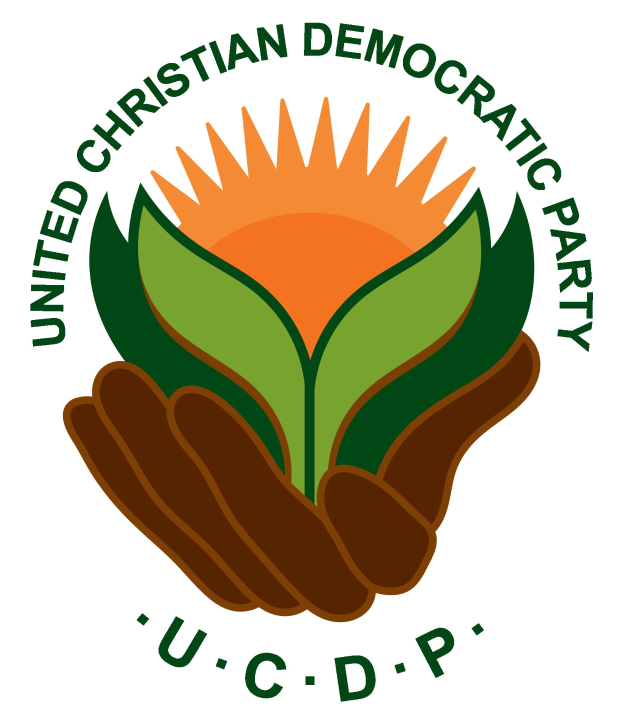 Logo der Vereinigten Christdemokraten (UCDP): eine Hand, die eine leuchtend gelbe Blume mit einem grünen Stiel und Blättern hält, mittig innerhalb eines blauen und gelben Kreises auf einem weißen Hintergrund, mit "UCDP" in fetter schwarzer Schrift darunter.