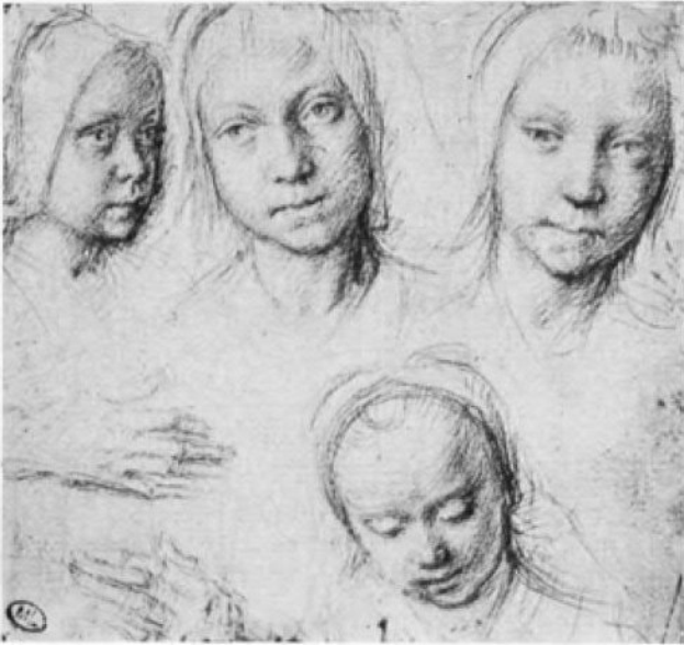 Schwarze und weiße Zeichnung von Leonardo da Vinci von vier jungen Mädchen mit verschränkten Händen, dargestellt in einem realistischen Stil mit sichtbaren Gesichtsmerkmalen und Kleidung.