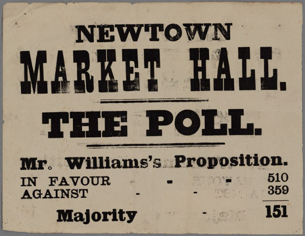 Papier mit handgeschriebener Textzeile "Newtown Market Hall, die Wahl, Mr. Williams' Proposition für gegen Mehrheit".