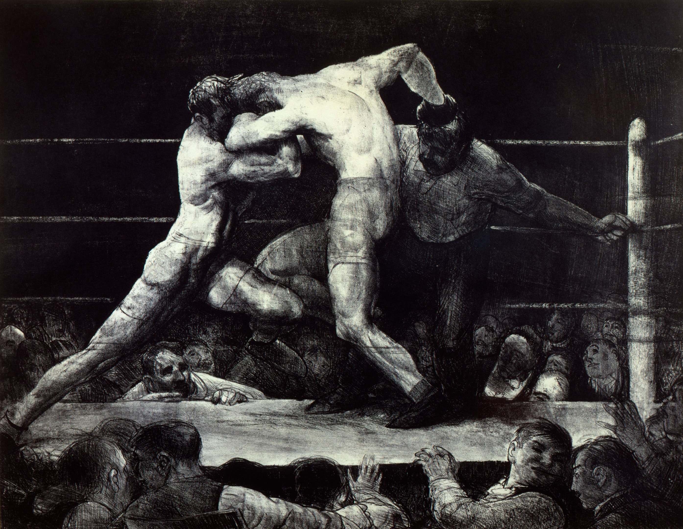 Two boxers in a boxing ring exchange punches as a cheering crowd watches.