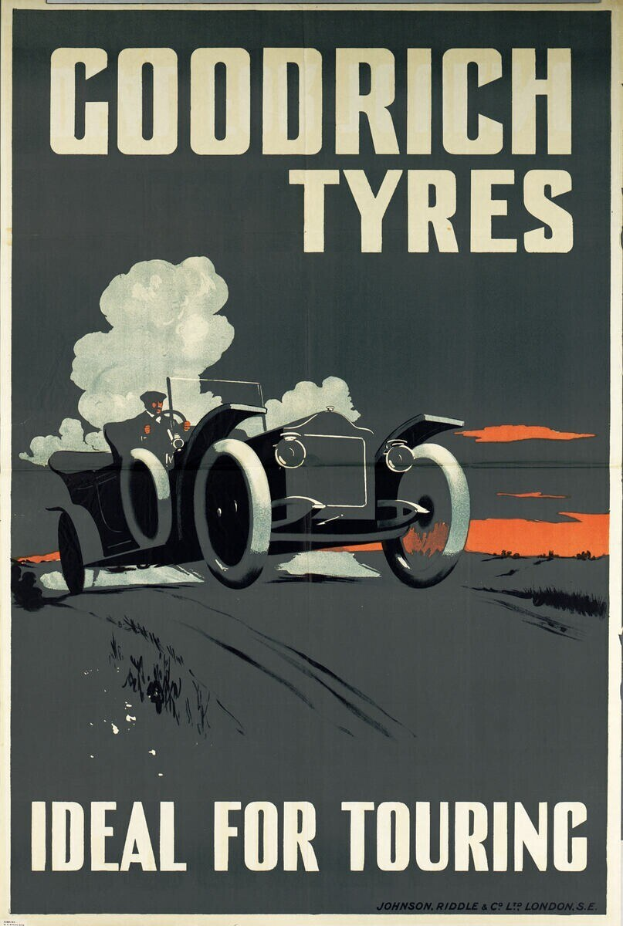 Plakatwerbung Goodrich Reifen mit einem Auto und einer Person darin, mit Unternehmenstext und Serviceinformationen.