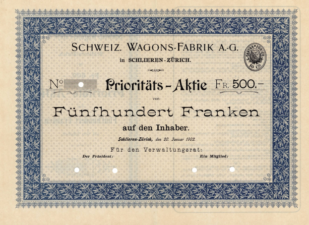 Ein altes deutsches Aktienzertifikat mit einem blauen Rand und der Inschrift "Schweiz Wagons-Fabrik A.G."