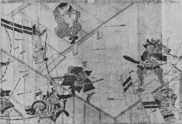 Schwarze und weiße Zeichnung einer Gruppe von Menschen in einem Raum, die in eine Schlacht vertieft sind, mit gezückten Schwertern und erhobenen Schilden, die Spannung und Intensität vermitteln.